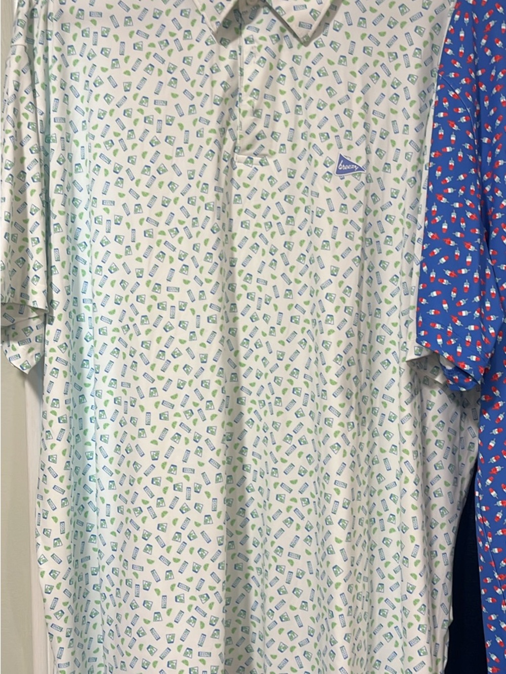 Men's White Polo with Blue Logo and Green Micro Pattern